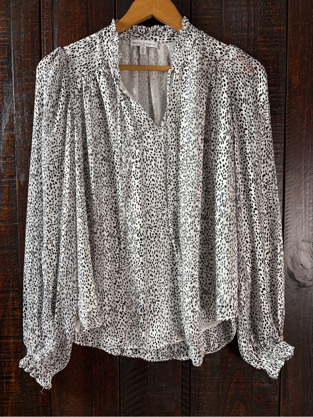 Maison d'Amelie White and Black Printed Ruffled Blouse Small